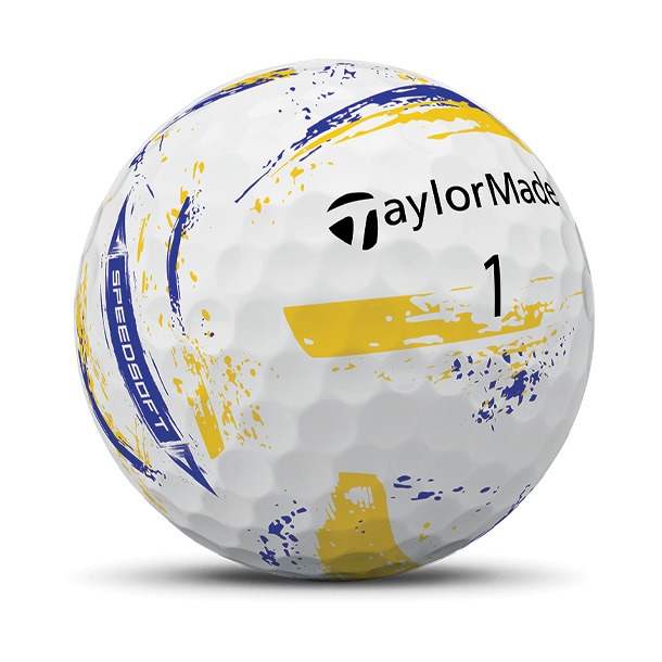 Yellow and blue TaylorMade SpeedSoft Ink golf ball