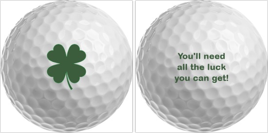 White golf ball with double-sided printing (image on one side, message on the other)